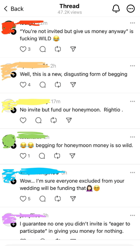 Social media thread mocking requests for money from uninvited wedding guests