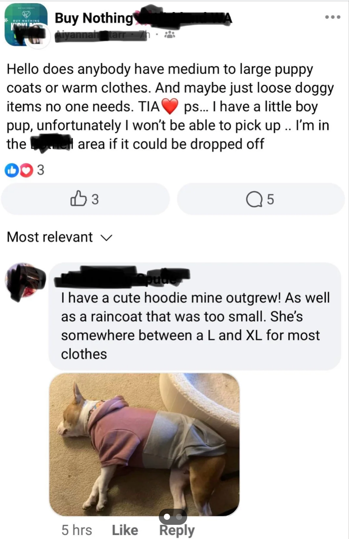Facebook post asking for medium to large dog coats; response shows a dog wearing a coat, mentioning available coats from a commenter