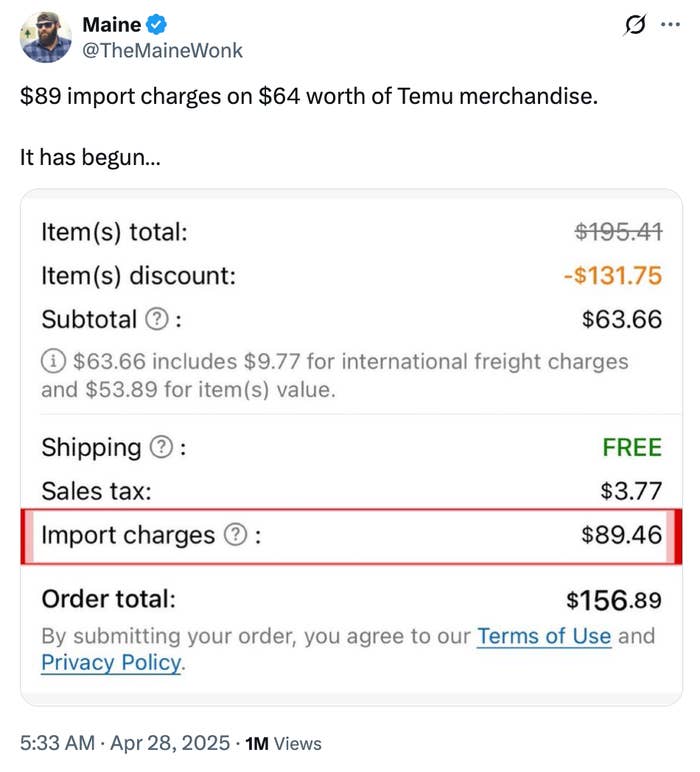 Image of a tweet with a receipt showing $89.46 in import charges on $63.66 worth of merchandise from Temu
