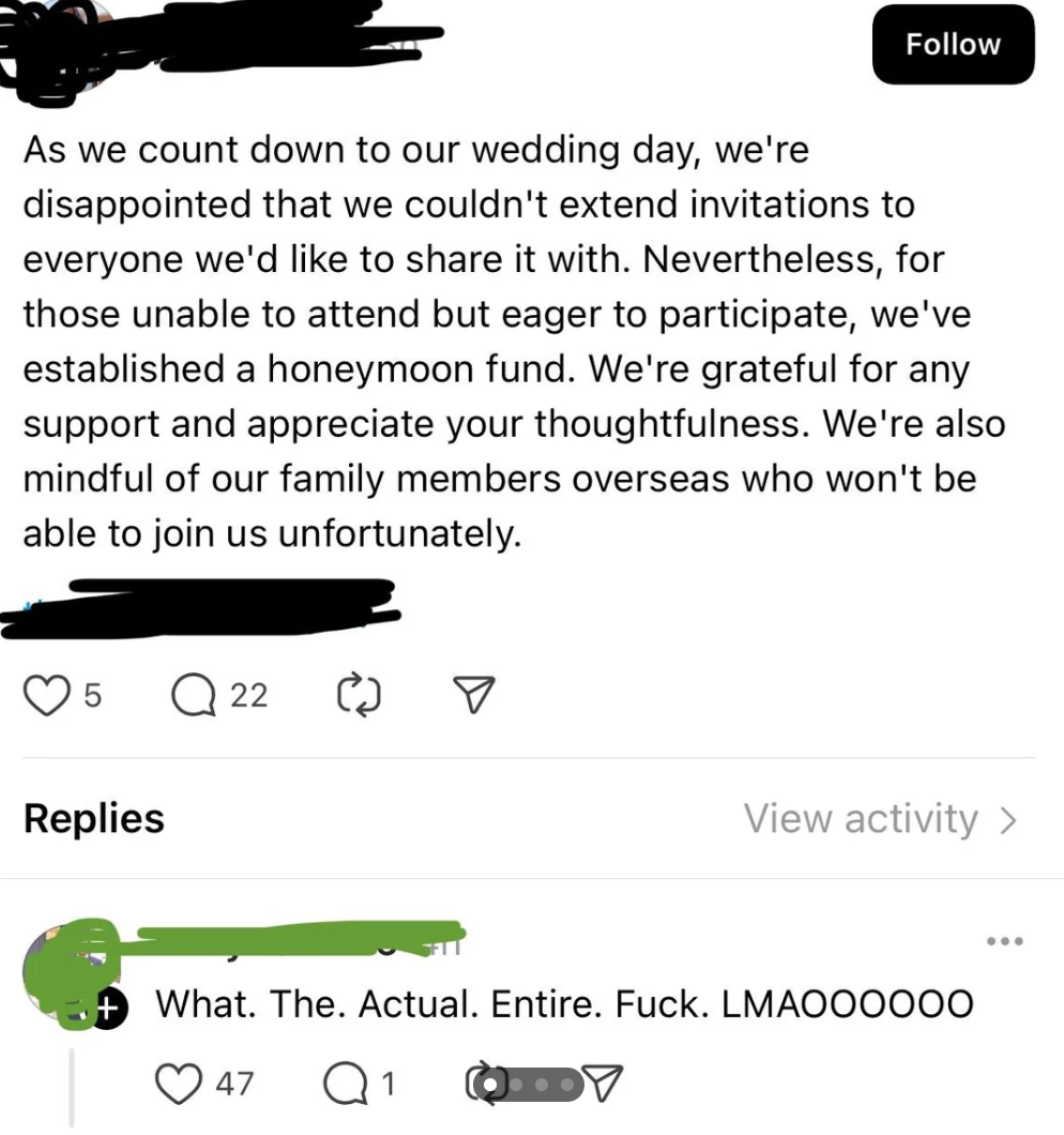 Social media post about wedding invitation limitations and honeymoon fund, with a frustrated reply expressing shock
