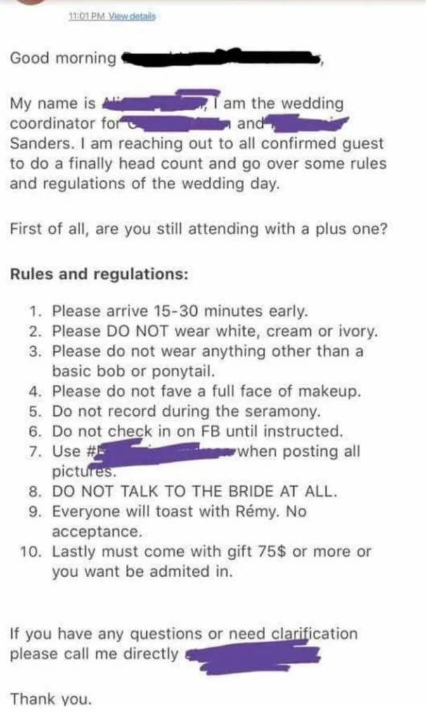 Email about wedding rules: arrive early, dress in specific colors, no hats, basic hairstyles, no recording, no shaking hands, toast with specific champagne