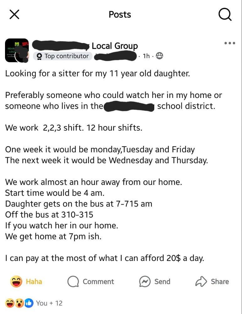 Person seeks a sitter for 11-year-old. Work schedule: 2,2,3 shifts, 12-hour days. Need early start, 4 a.m. School drop-off and pick-up required. Pay: $20/day