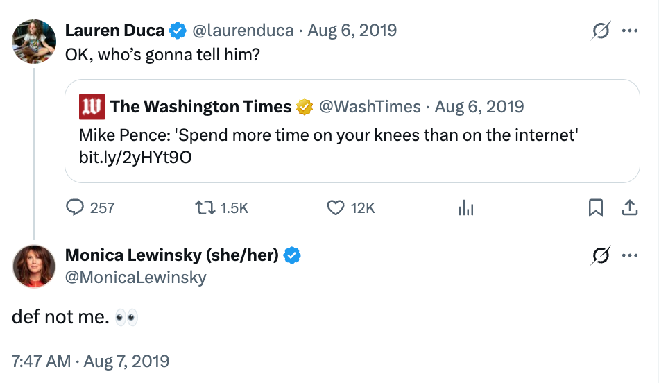 Screenshot of a tweet by Monica Lewinsky responding with "def not me" and eye emojis to a quote by Mike Pence about spending less time on the internet