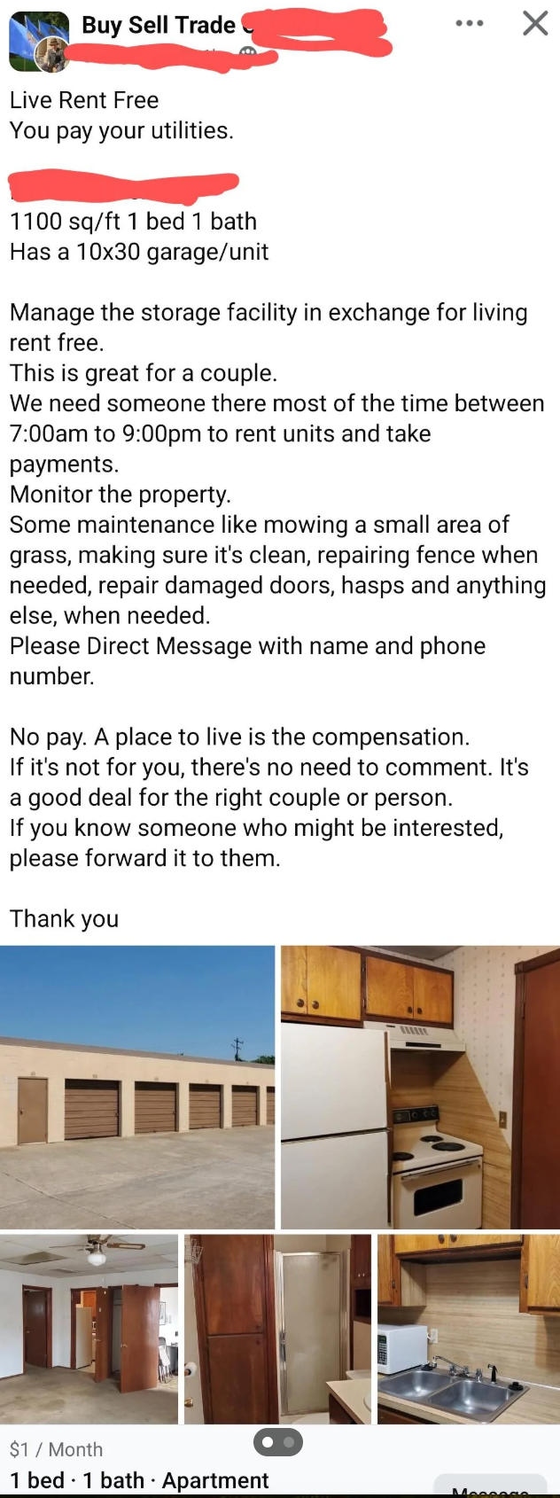 Summary of a Facebook post: Live rent-free in exchange for property maintenance, including repairs and yard work. No pay; free place to live. Contact if interested