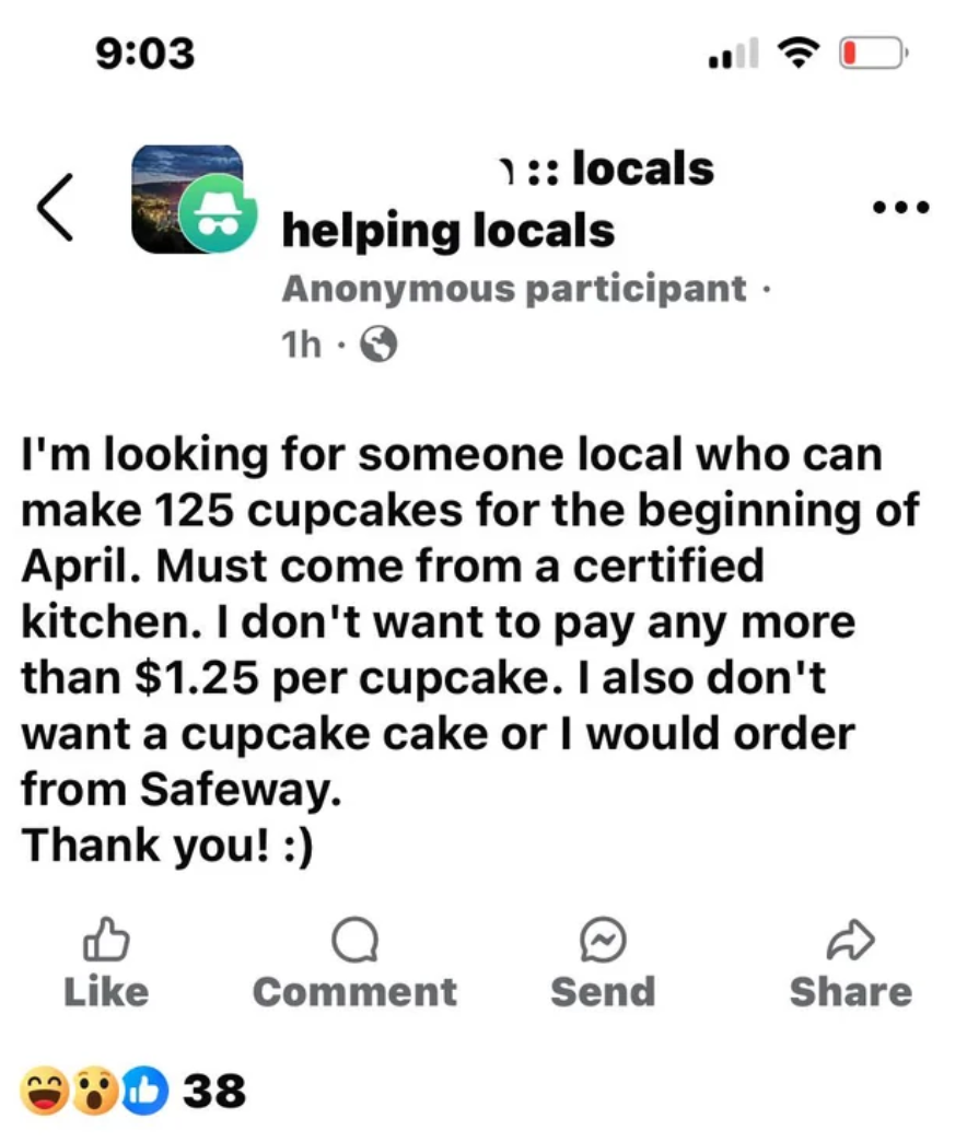 Post seeking someone to make 125 certified kitchen cupcakes, under $1.25 each, for early April