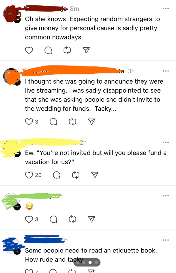 Text conversation about someone asking for wedding funds from uninvited guests, with comments on the situation being rude and tacky