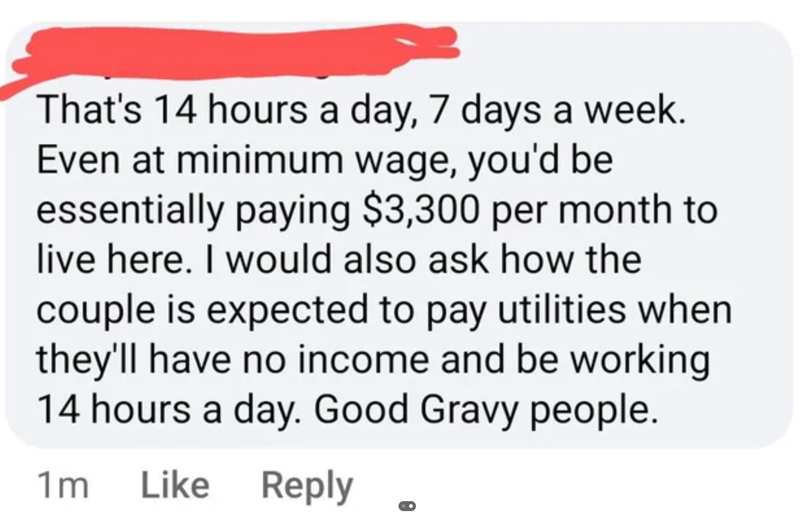 Comment criticizing high rent costs and questioning how a couple can afford utilities and rent while working long hours at minimum wage