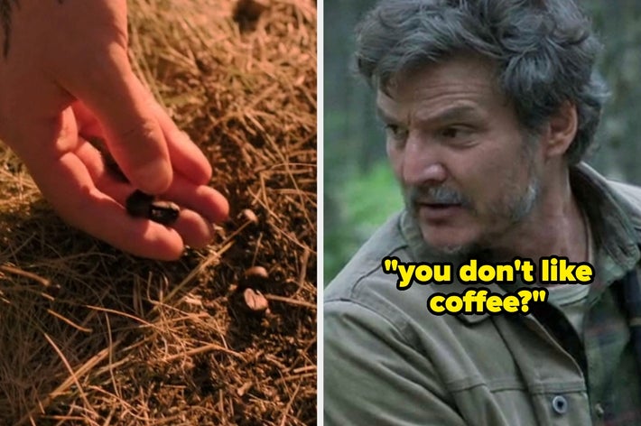 Split image of Ellie dropping coffee beans on the ground vs. Joel asking if she doesn&rsquo;t like coffee in Season 1