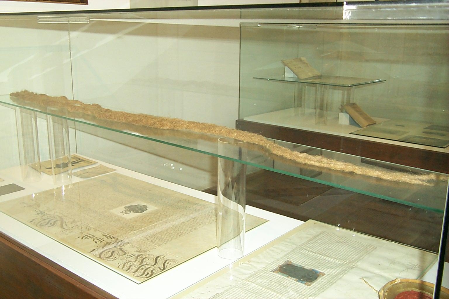 Ancient mummy displayed in a glass case alongside historical documents in a museum exhibit