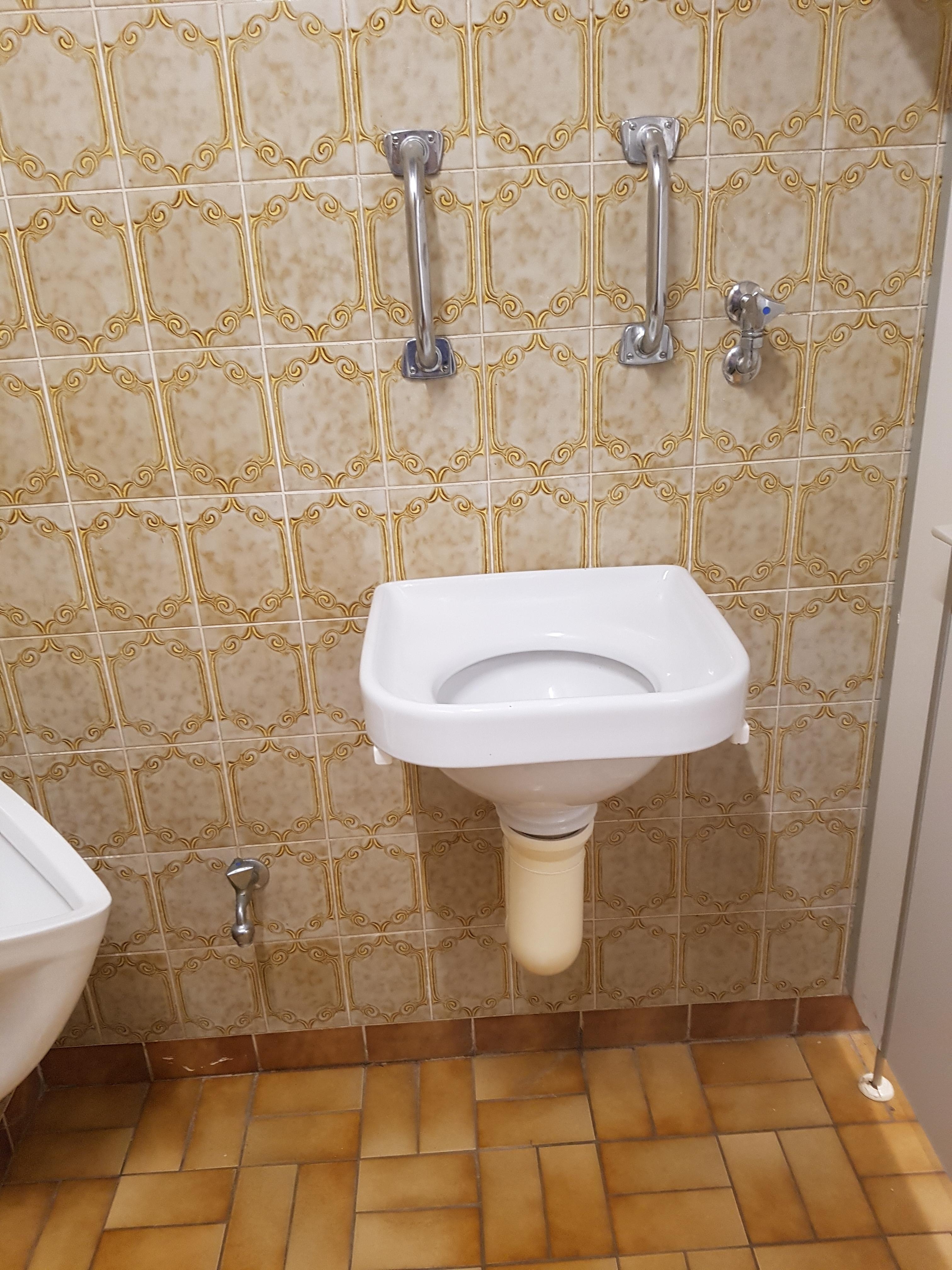 Small wall-mounted sink with beige patterned tiles and grab bars above it