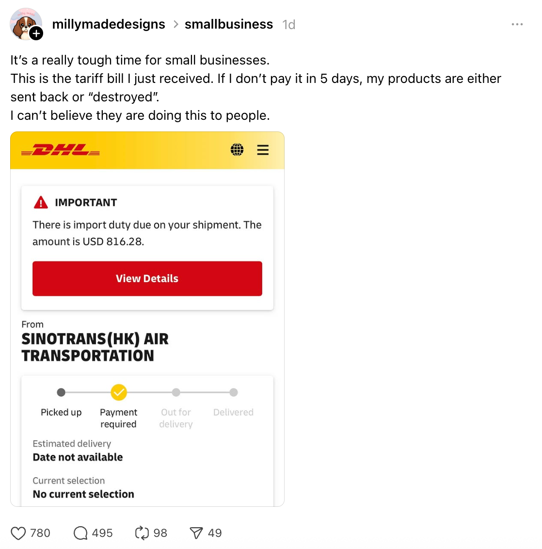 Social media post showing a DHL tariff bill of USD 816.28, with a note on possible product return or destruction if not paid in 5 days