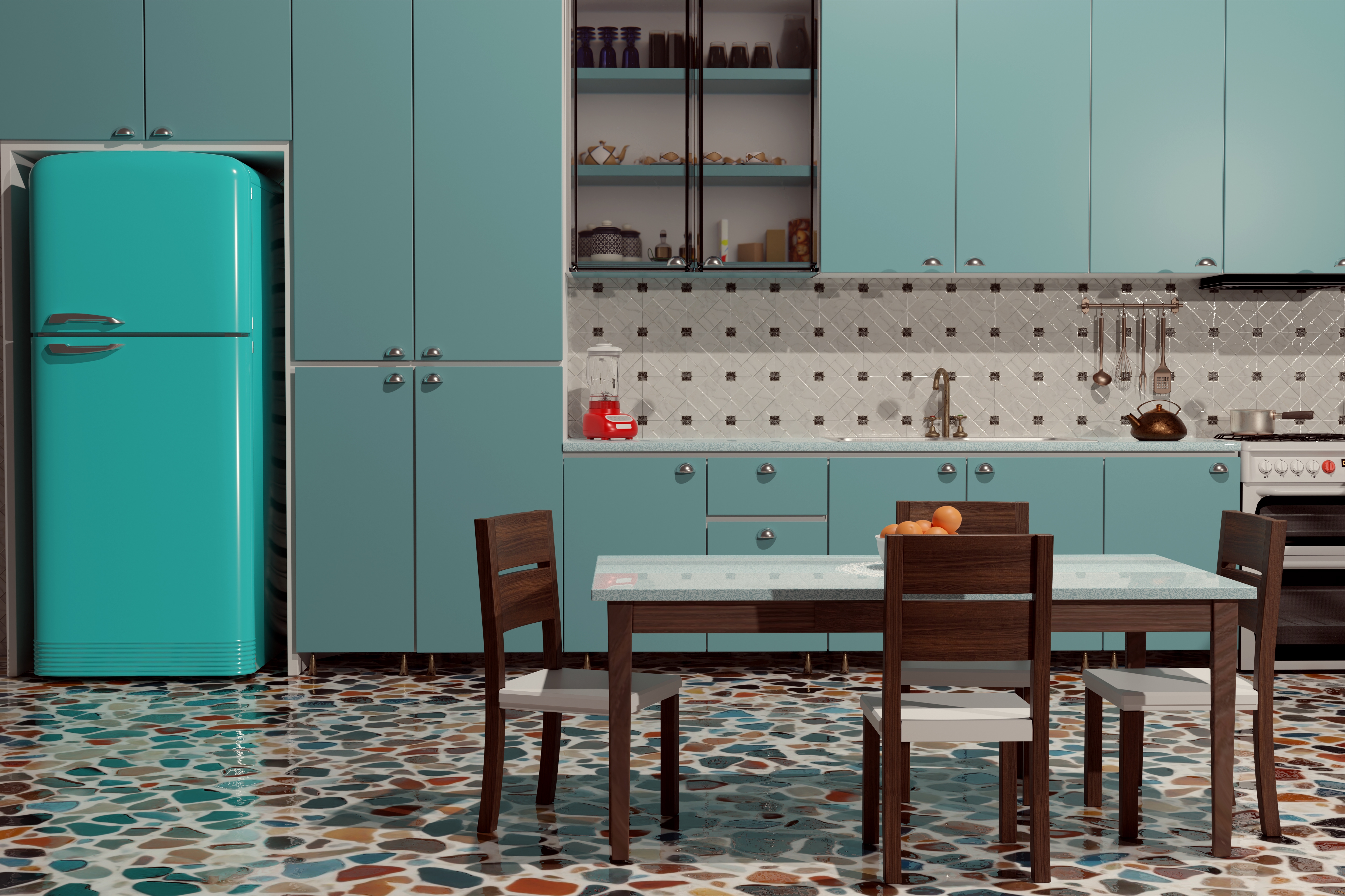 Retro-style kitchen with a vintage fridge, wooden dining table, and mosaic floor. Shelves display cookware and an organized countertop