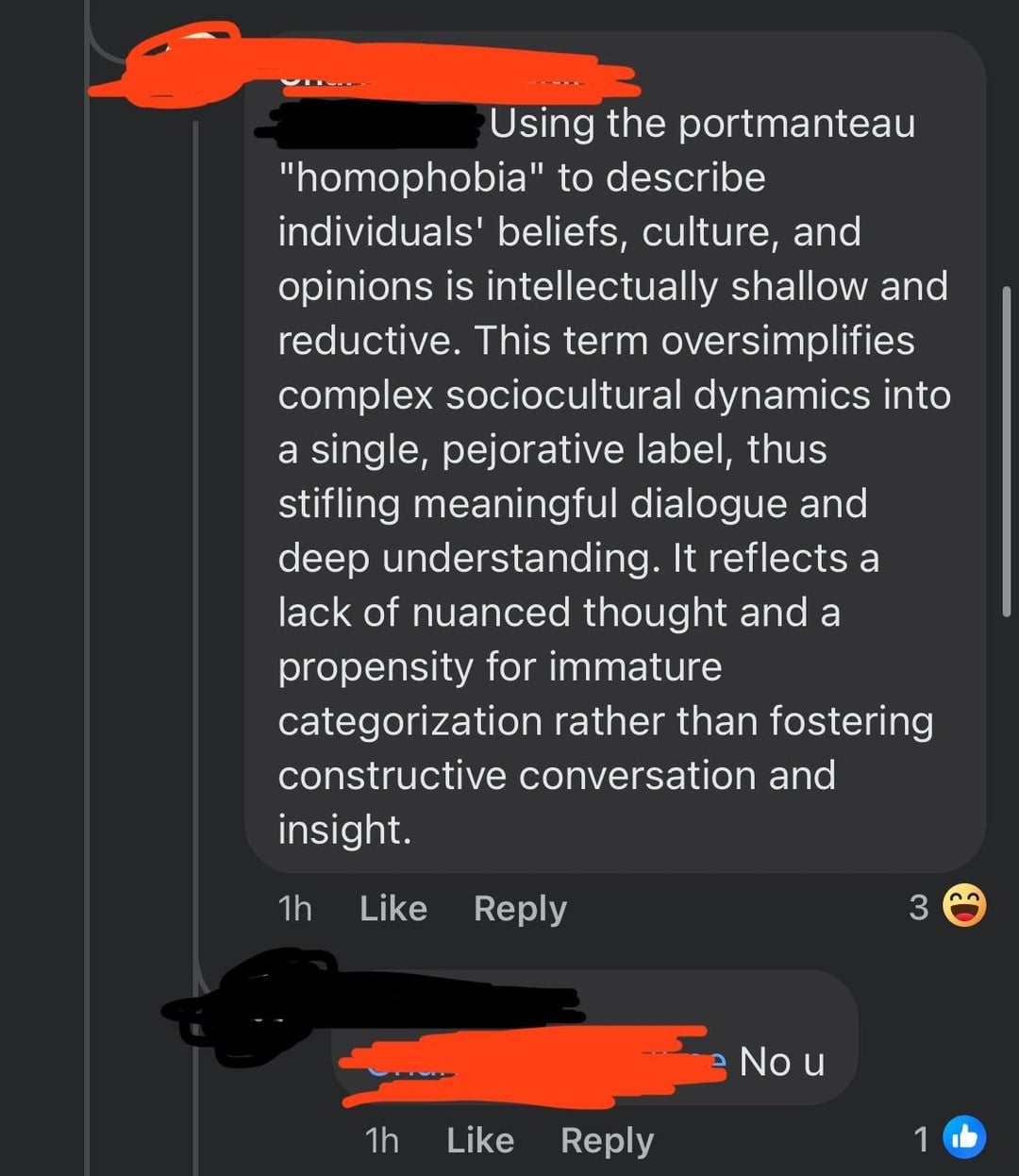 Comment criticizing the term "homophobia" as reductive and oversimplifying, met with a dismissive response saying "No u"