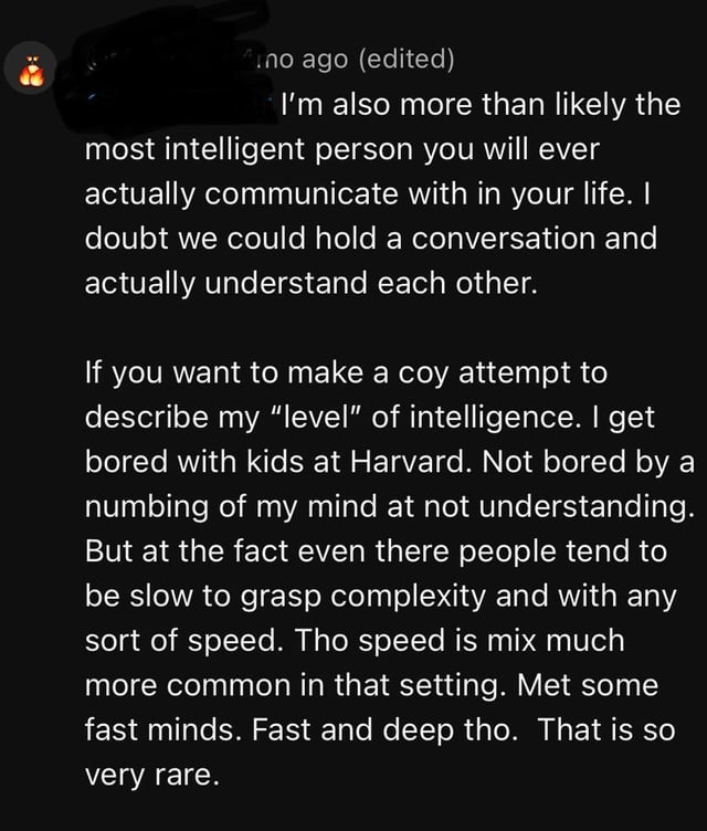 Screenshot of a comment bragging about how smart they are by saying that kids at Harvard bore them