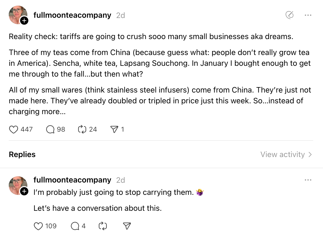 Social media post by a tea company discussing the impact of tariffs on tea prices, especially teas from China, and the decision to stop carrying them