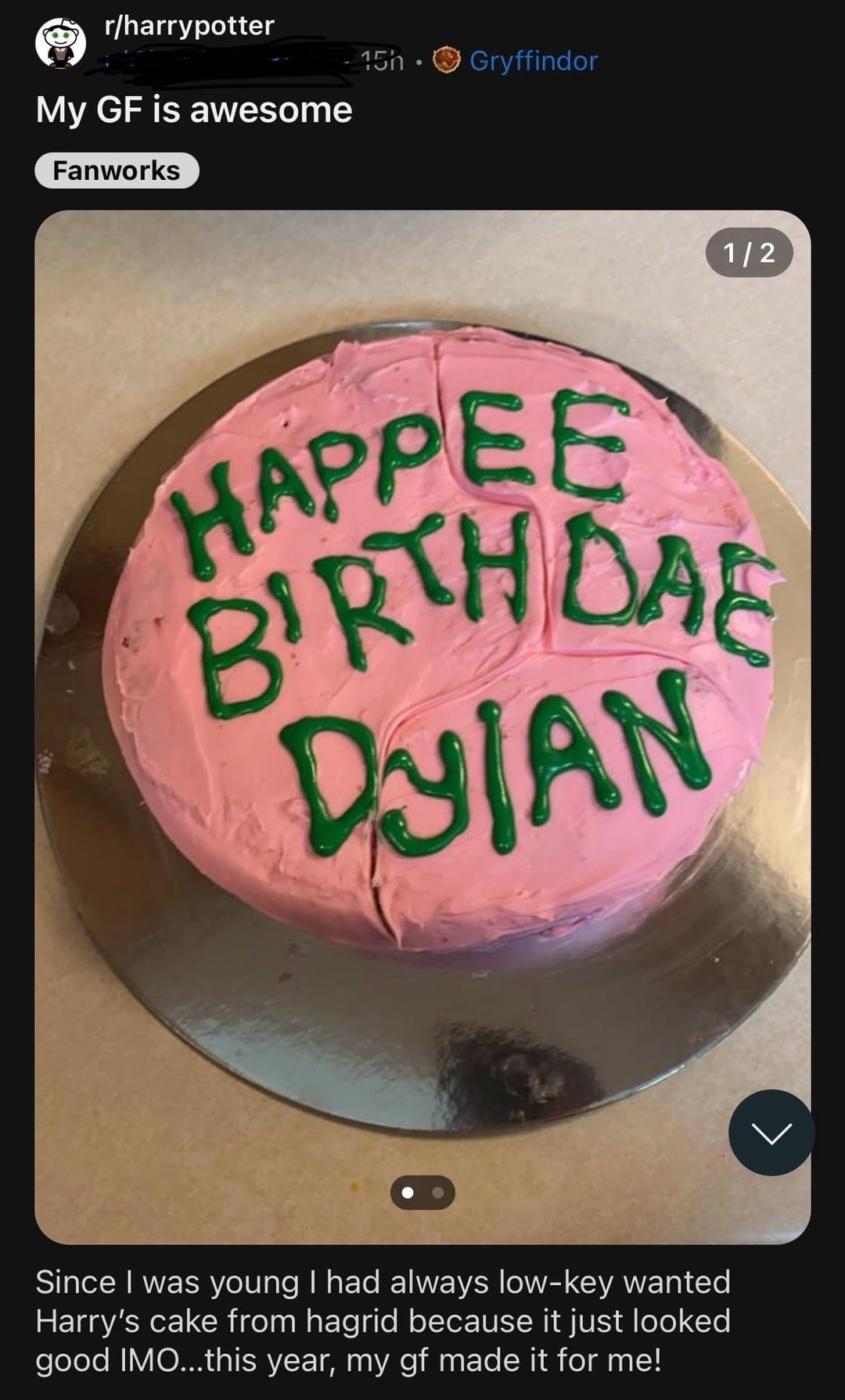Pink cake with “HAPPEE BIRTHDAE DYLAN” in green frosting, resembling Hagrid's cake for Harry Potter