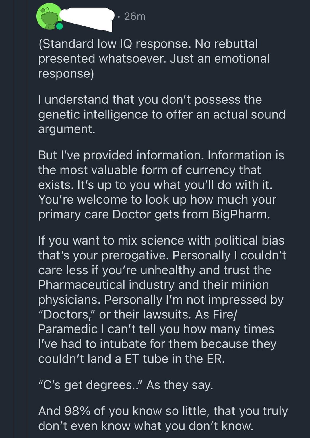 Screenshot of an EMT implying that doctors are corrupt C students who are paid for by the pharmaceutical industry