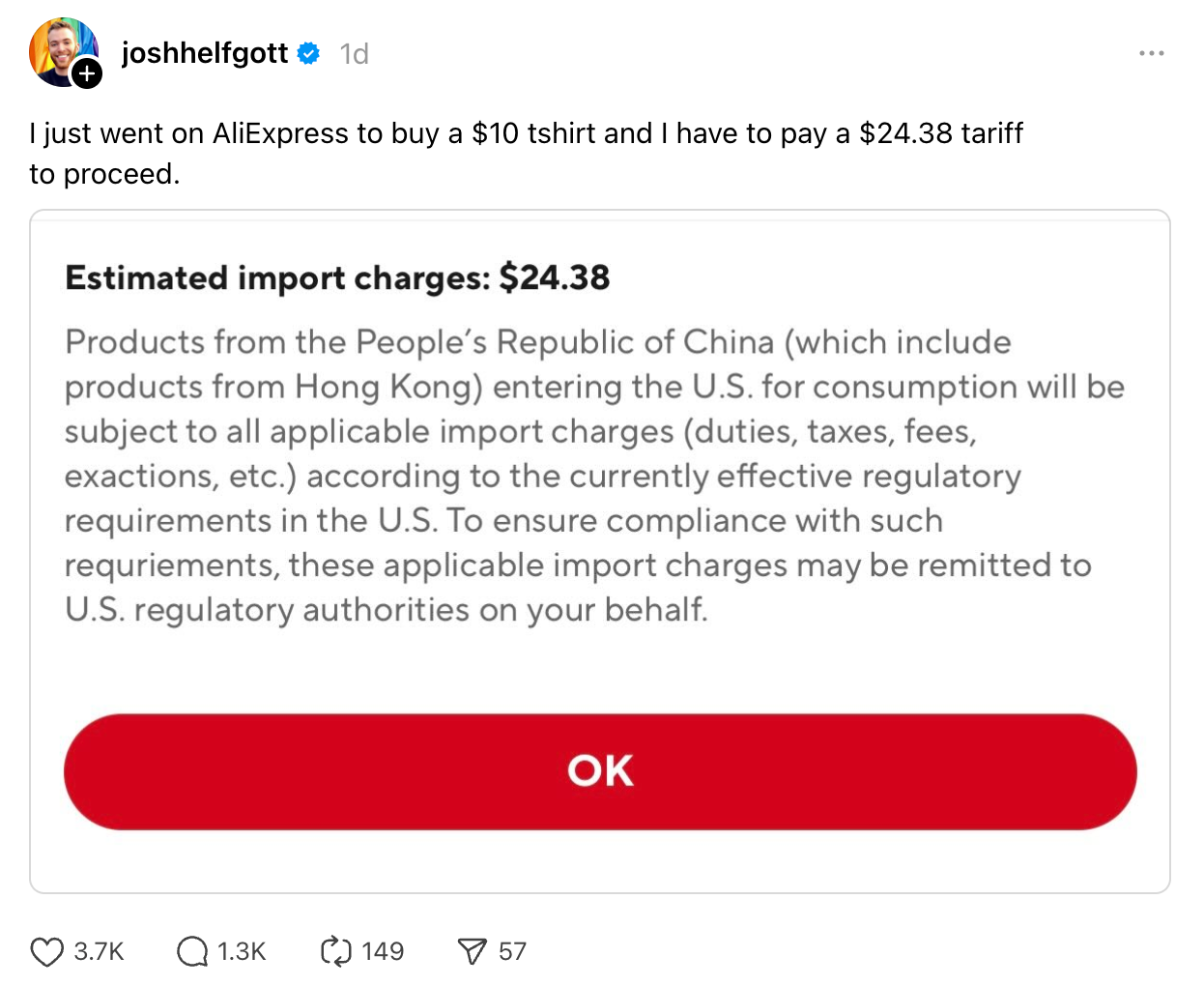 A social media post highlights high import charges from China on a $10 item. The user must pay a $24.38 tariff, triggering online discussion