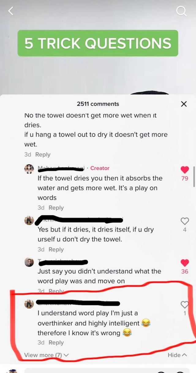 Screenshot of social media comments where a person misunderstands the riddle and then says "I understand word play I'm just an overthinker and highly intelligent"