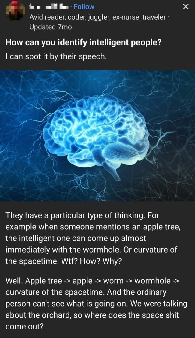 The text discusses identifying intelligent people by their speech, saying if you mention an apple tree, they should think apple tree, apple, worm, wormhole, curvature of spacetime and should therefore talk about physics if someone mentions apples
