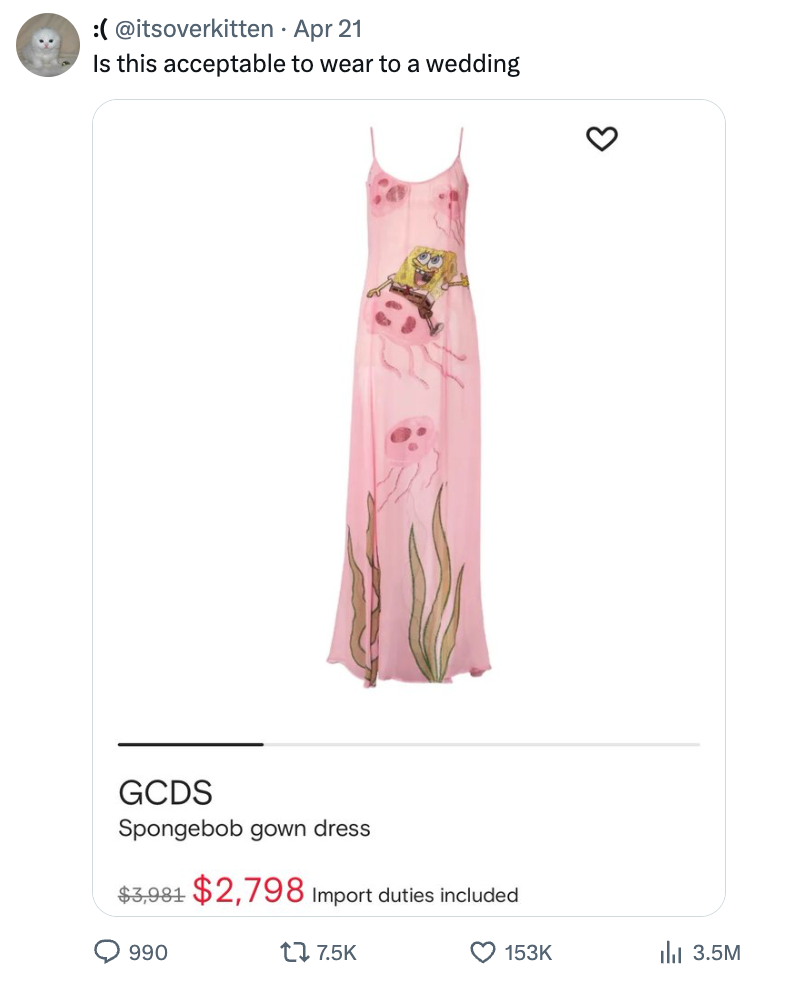 GCDS gown featuring SpongeBob design, elegant with a fitted bodice and flowing skirt. Query about its suitability for a wedding