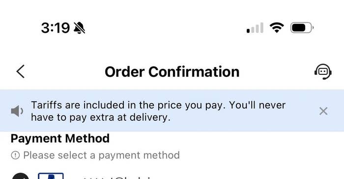 Order confirmation screen showing a note: &quot;Tariffs are included in the price you pay. You&#x27;ll never have to pay extra at delivery.&quot;