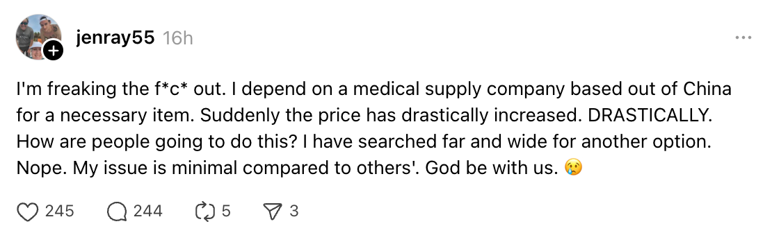 A user expresses distress about a drastic price increase for a necessary medical supply from China, seeking alternatives without success