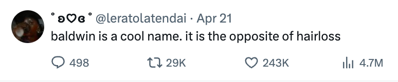Tweet by @leratolatendai: &quot;baldwin is a cool name. it is the opposite of hairloss.&quot; 29K likes, 243K views
