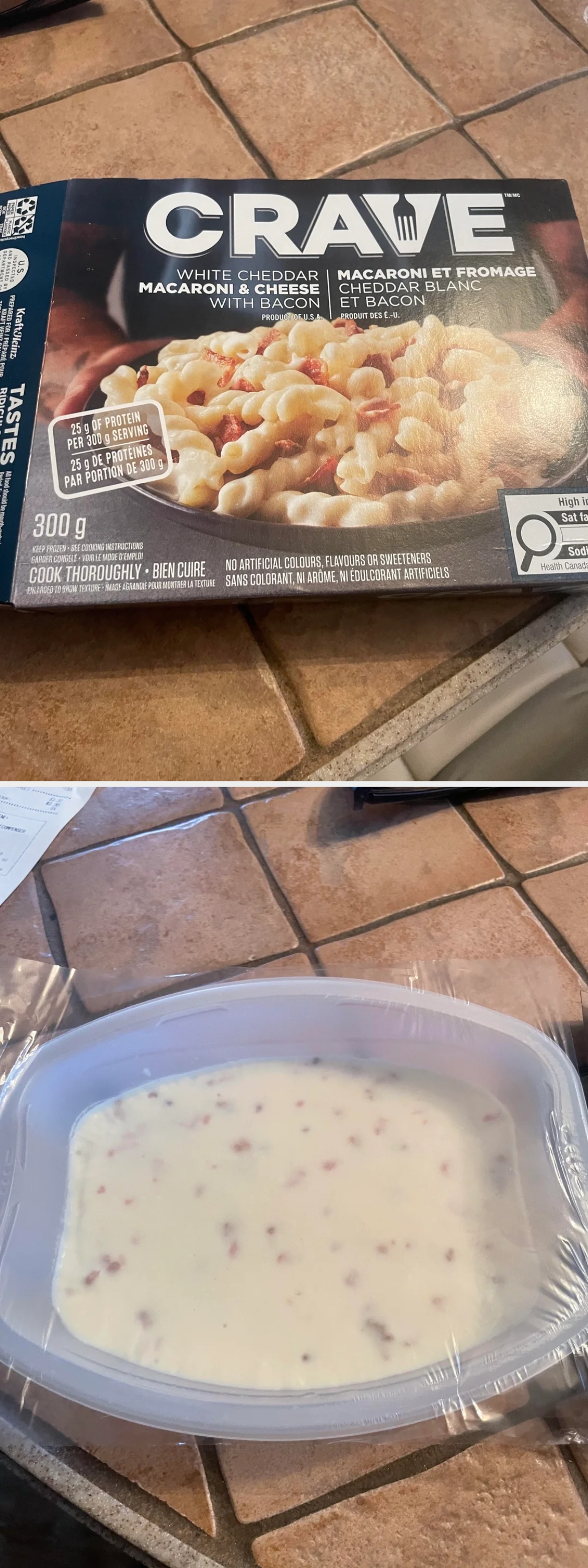 Box of Crave macaroni and cheese with bacon on a countertop