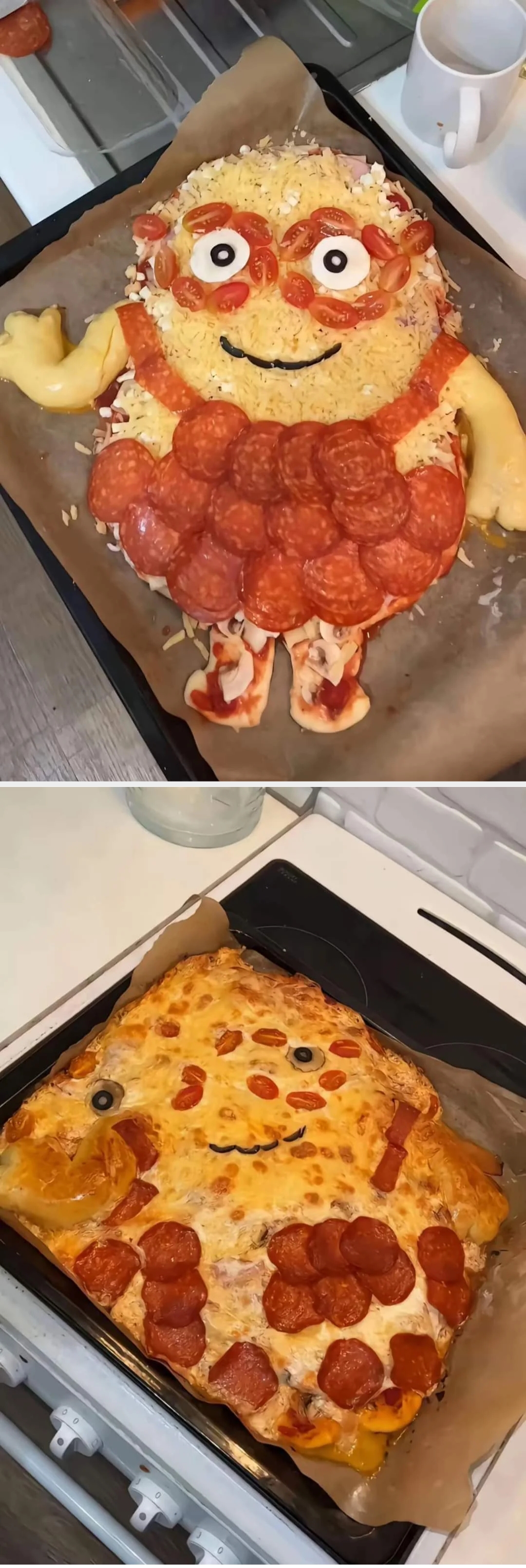 A pizza crafted to resemble a Minion character, with pepperoni and sliced vegetables as details, laid on a baking tray