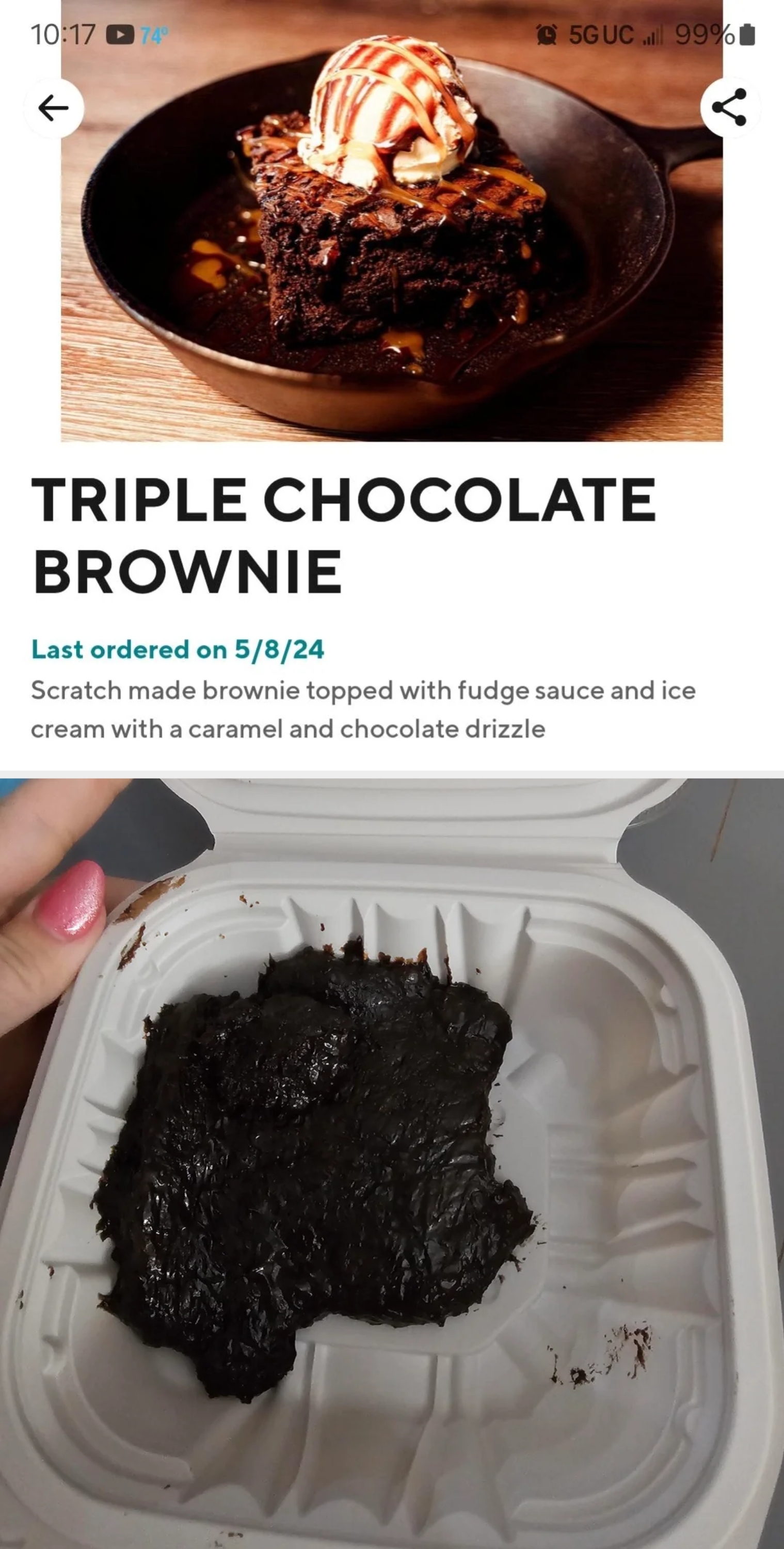 Brownie topped with ice cream, fudge, and caramel drizzle in a skillet. Text reads: "TRIPLE CHOCOLATE BROWNIE" with order date "5/8/24."