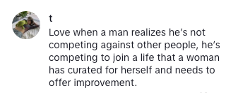 Text about relationships: A man competes to join a woman's life, seeking to offer improvement, not compete with others