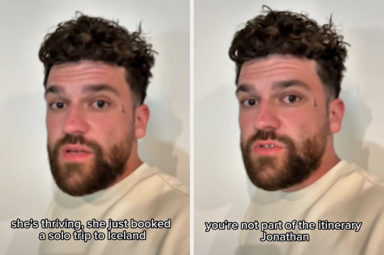 Man with curly hair talks to the camera; text reads about a solo trip to Iceland, noting someone named Jonathan is not included in the plans