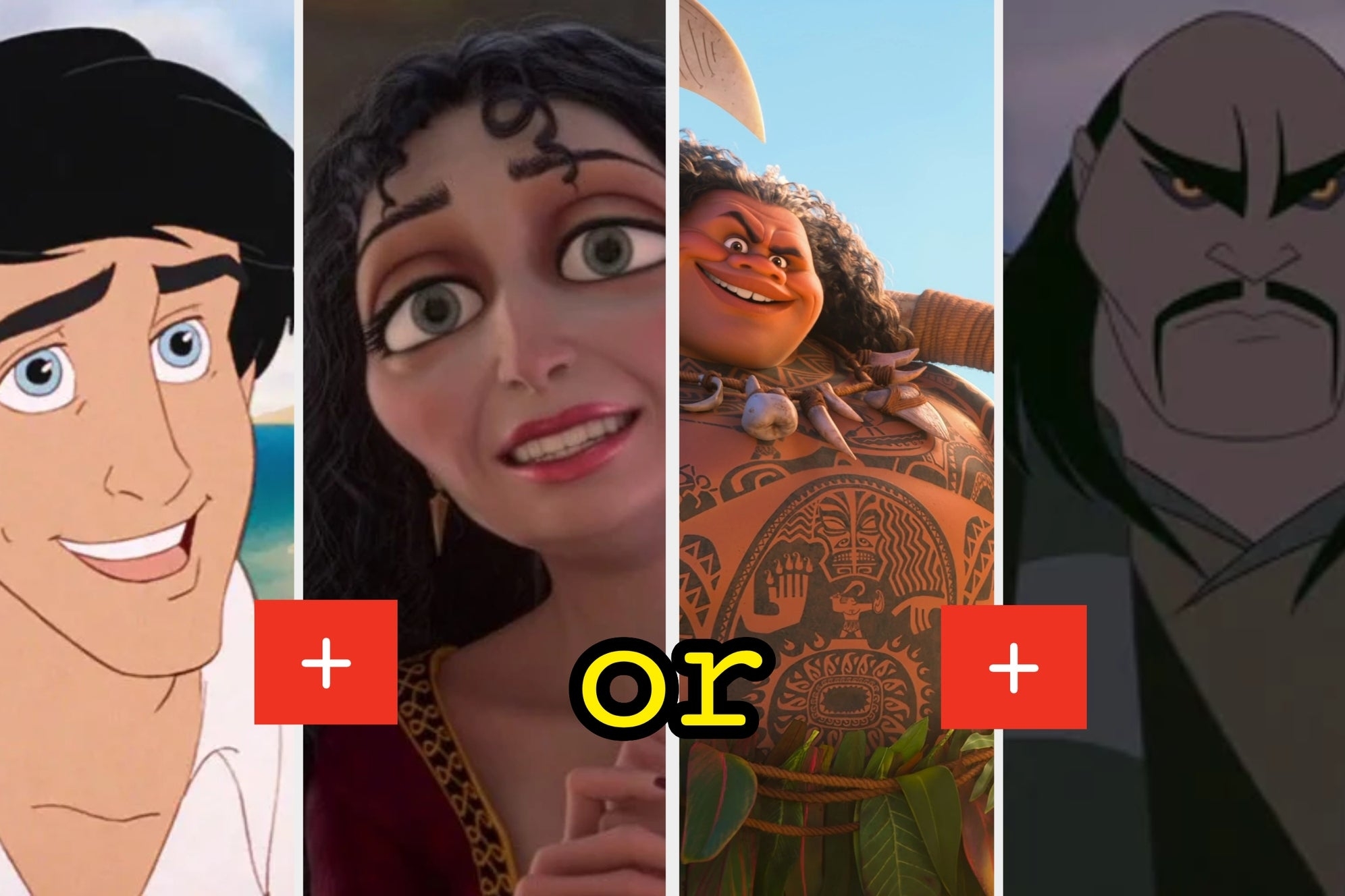 On the left, Prince Eric from The Littler Mermaid and Mother Gothel from Tangled with a plus sign in between the pictures, then or typed out, and on the right, Maui from Moana and Shan Yu from Mualn with a plus sign in between the pictures