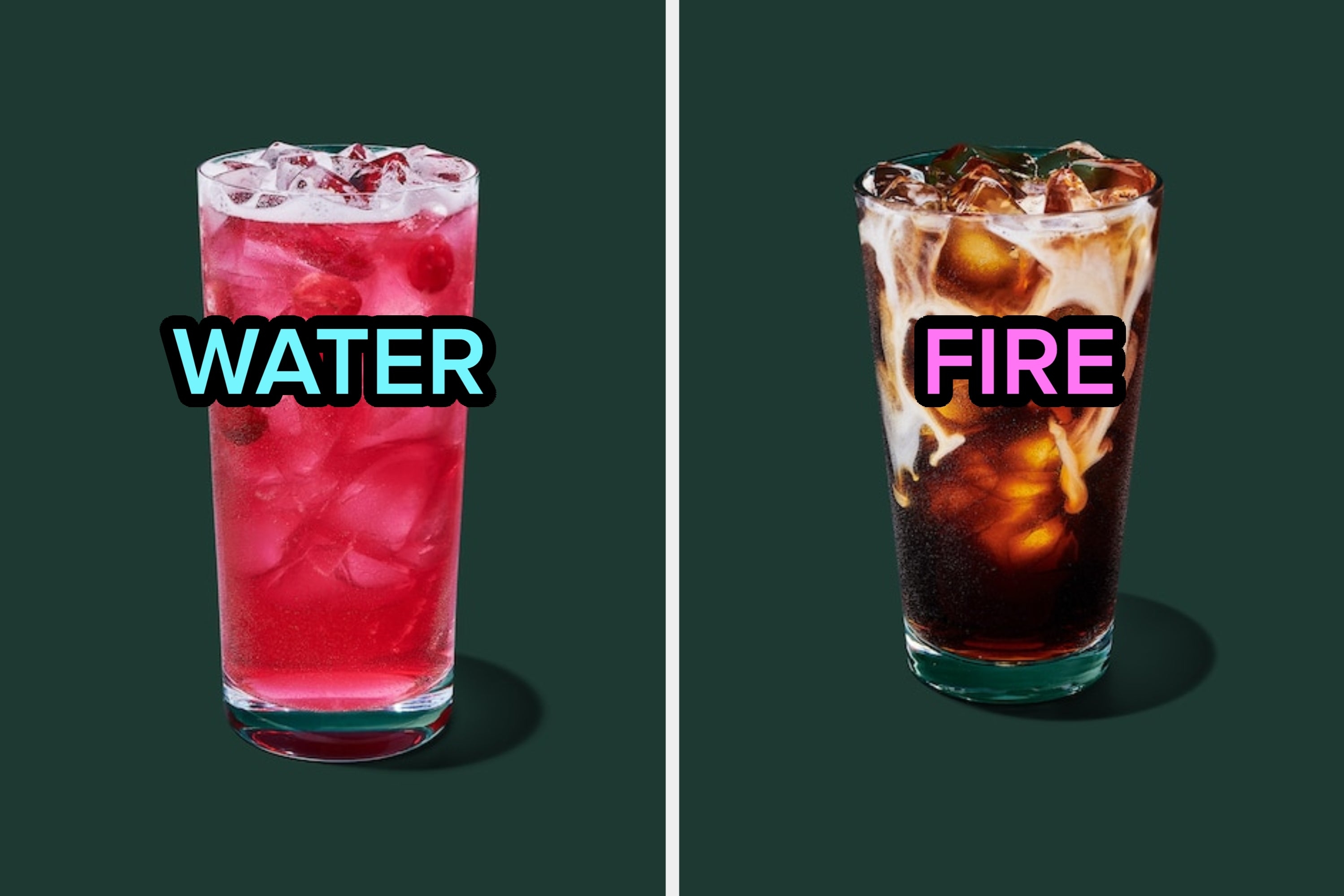 On the left, a fruity Starbucks drink labeled water, and on the right, an iced coffee beverage from Starbucks labeled fire