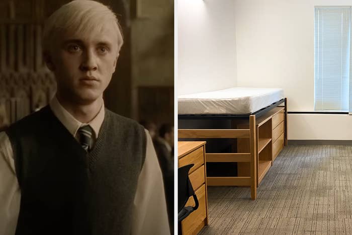 On the left, Draco Malfoy from the Harry Potter series, and on the right, an empty dorm room