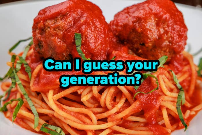 Plate of spaghetti with meatballs and sauce with a text overlay that says "Can I guess your generation"