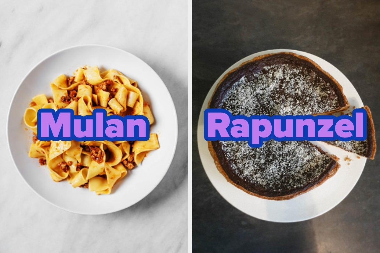 On the left, pasta with meat sauce labeled Mulan, and on the right, a chocolate tart labeled Rapunzel