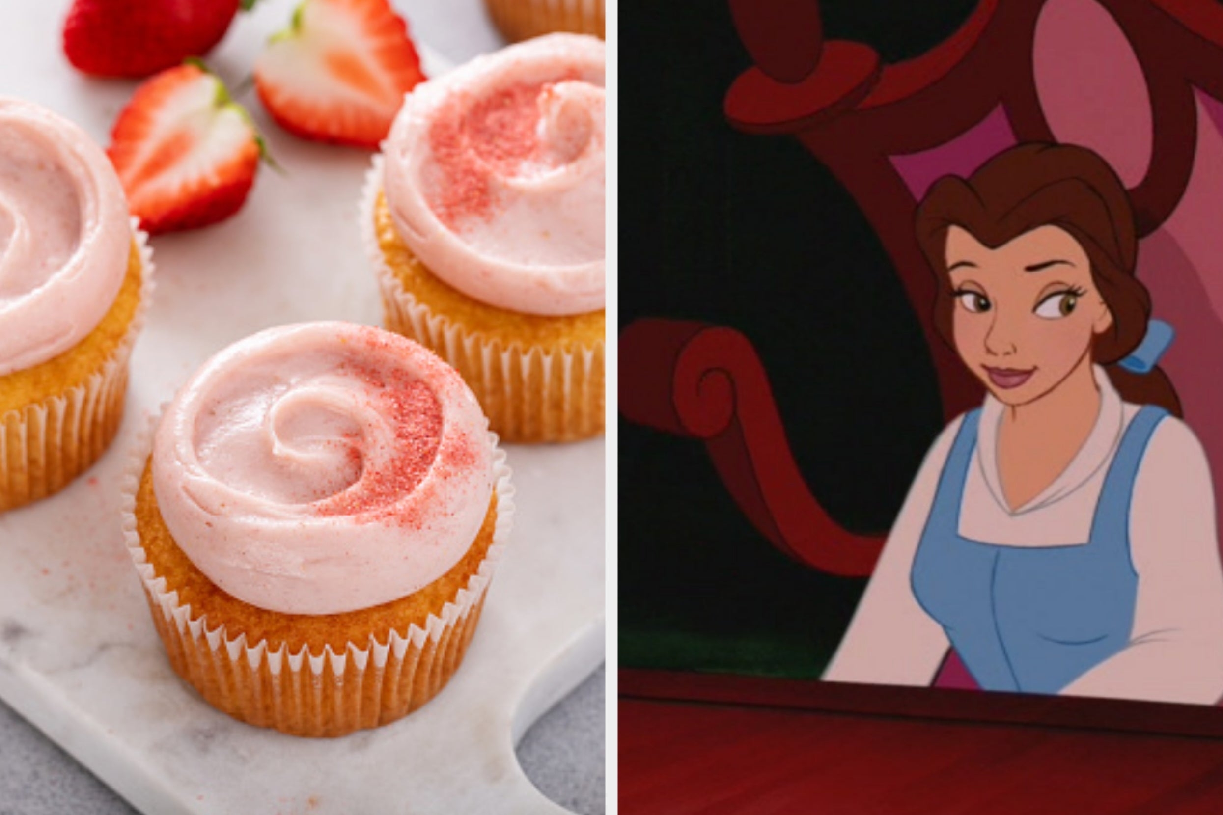 On the left, cupcakes with strawberry frosting, and on the right, Belle from Beauty and the Beast