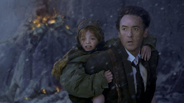 Man in a suit carrying a child on his back in a snowy, disaster scene
