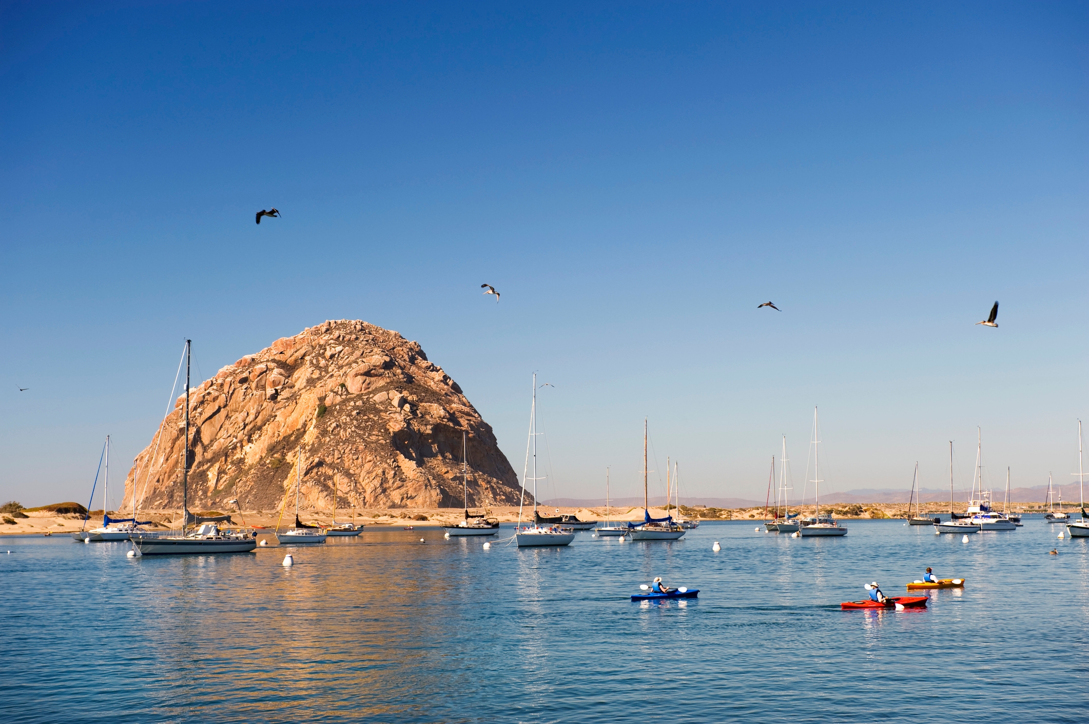 Sailboats and kayaks float in calm water near a large rock formation under a clear sky, with birds flying overhead