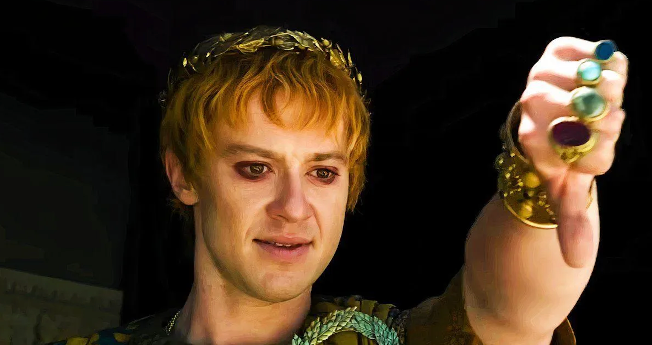 Person in ancient Roman-style attire, wearing a laurel wreath and multiple statement rings, gestures with a serious expression