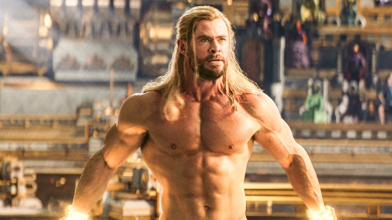 A muscular man with long hair stands strong with glowing fists, in a fantasy setting, appearing intense and determined