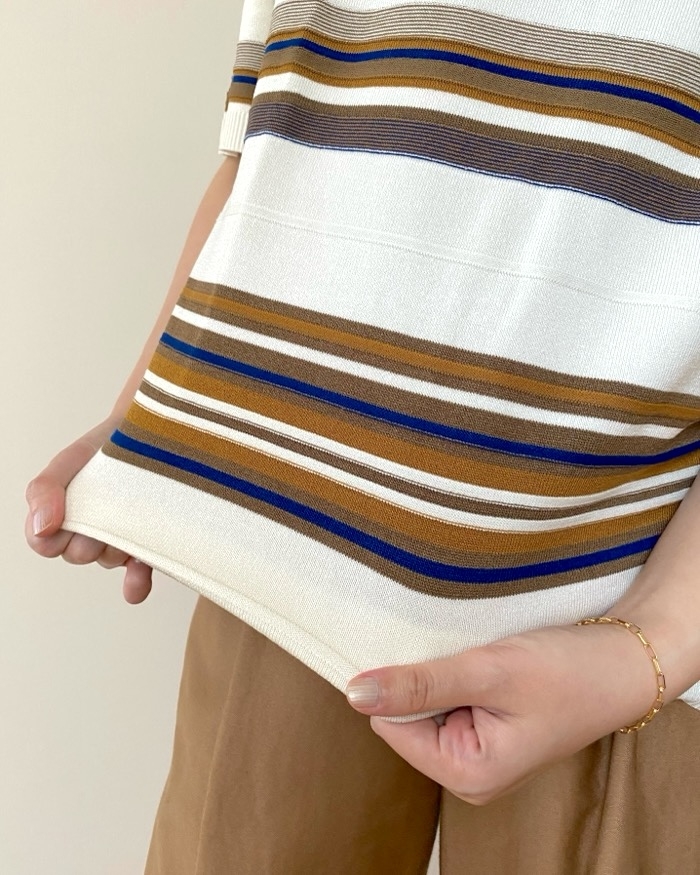 GUの「ウォッシャブルマルチボーダーセーター(5分袖)」