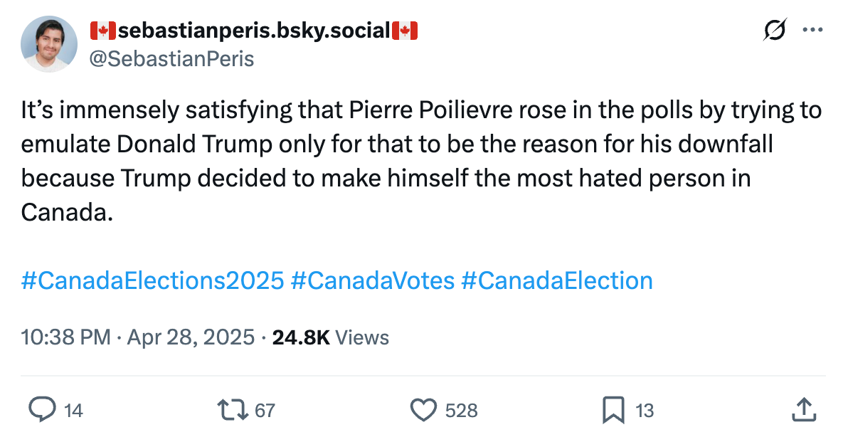 Social media post expressing satisfaction over Pierre Poilievre's rise and fall in polls due to emulating Donald Trump. Includes hashtags about Canada elections