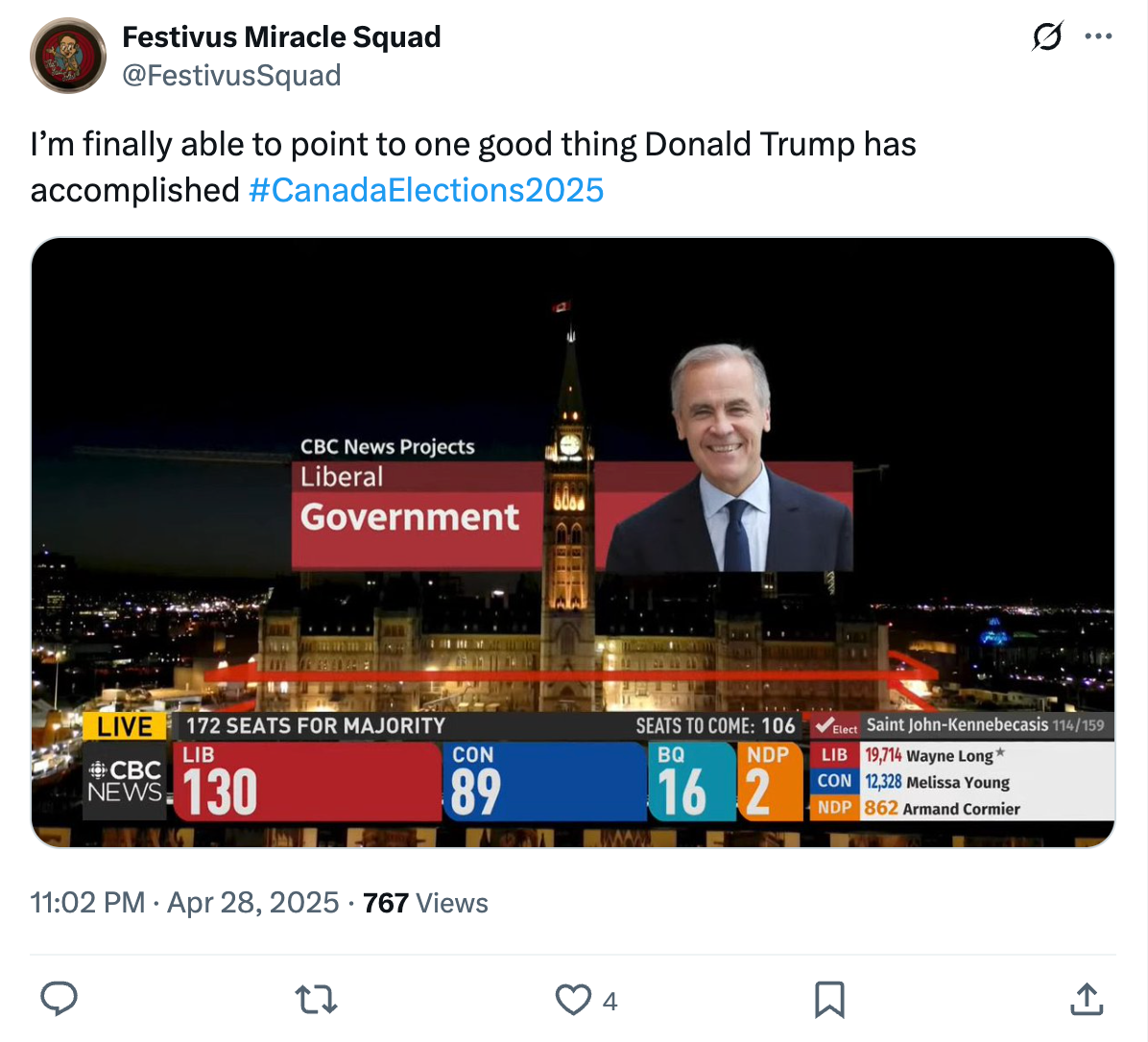 Tweet about Canadian election results: Liberal Government with 130 seats, Conservatives with 89, NDP 16, Bloc 2, Green 1, other 0. 172 seats needed to win
