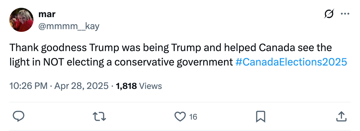 Tweet discussing gratitude for Trump's influence on Canada's election outcome, avoiding a conservative government. Includes #CanadaElections2025