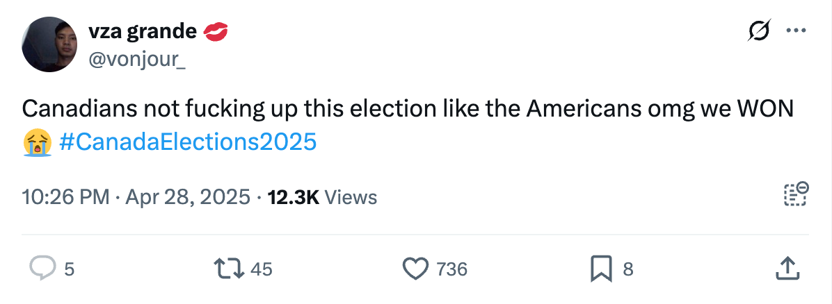 Tweet celebrating the Canadian election results with hashtags and emojis. Appears to have positive reactions and significant views