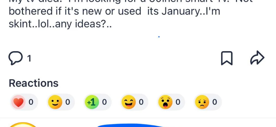 Social media post: User seeks a used or new 50-inch smart TV after theirs broke. A commenter humorously suggests reading books instead