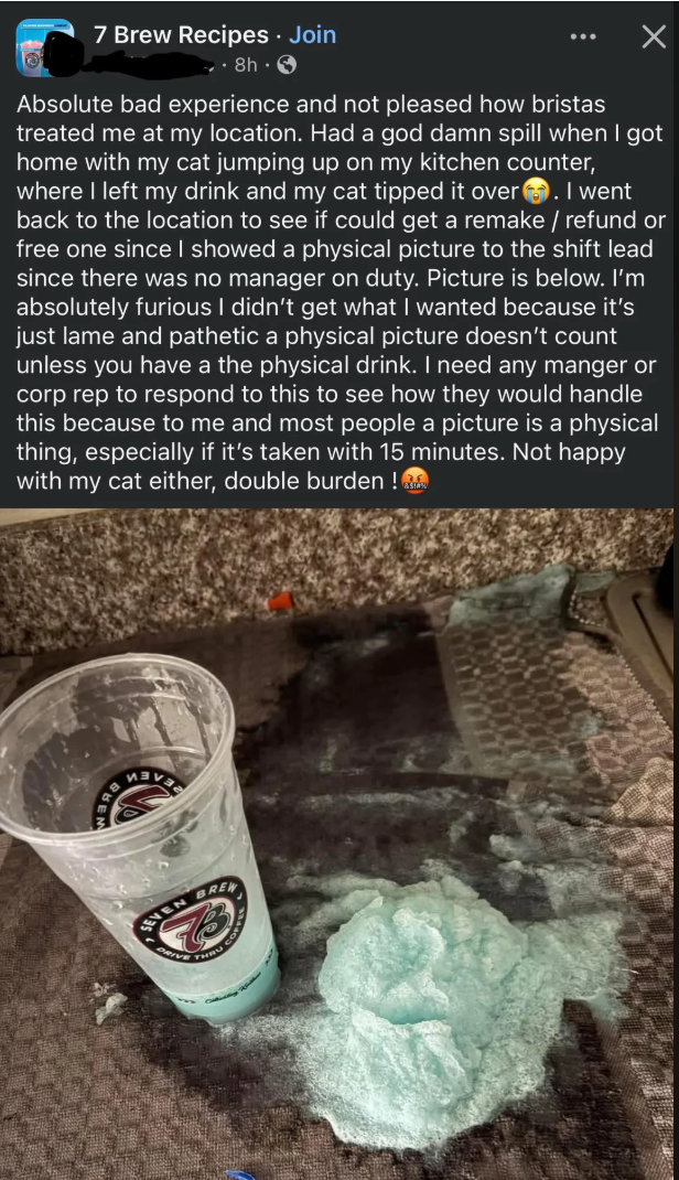 A spilled drink on a table with a cat nearby. The text describes frustration over poor service and seeking compensation after the incident